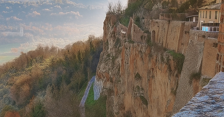 Vue panoramique depuis Orvieto sur le sentier passant sous la falaise et les collines enveloppées de brume matinale.