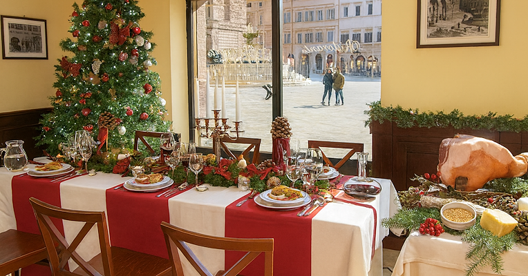  Tavola imbandita per il pranzo di Natale con decorazioni natalizie e piatti serviti con un albero di Natale illuminato accanto alla finestra che si affaccia su Piazza IV Novembre di Perugia 