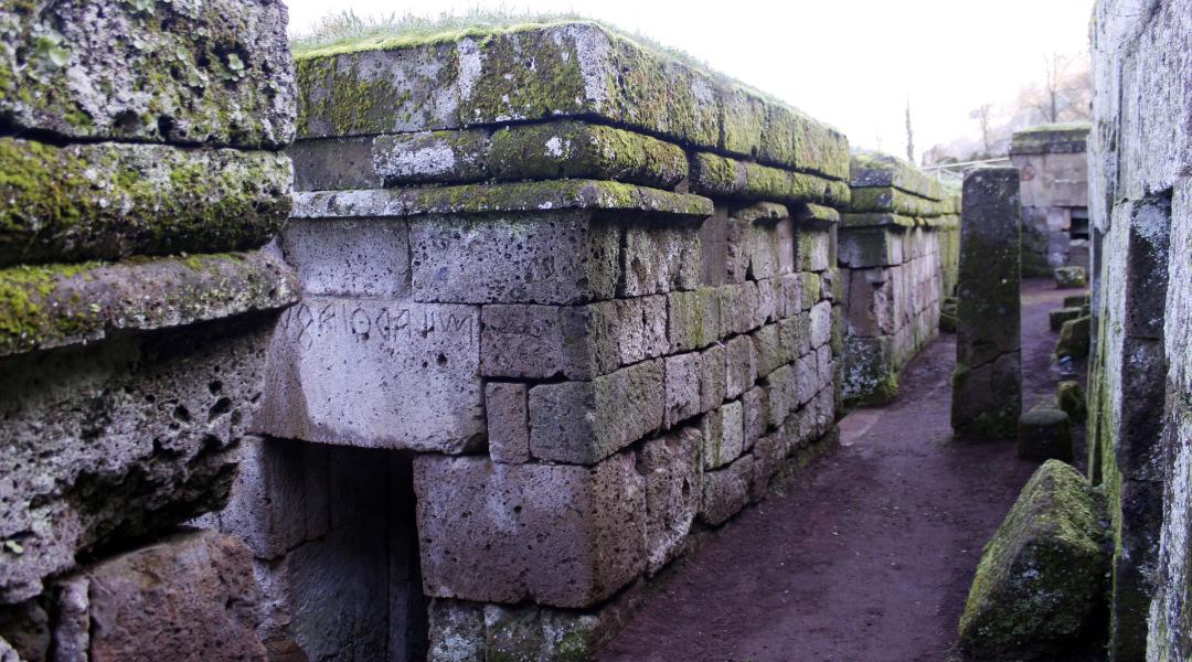 Nécropole étrusque avec de nombreuses tombes en blocs de pierre recouverts de mousse.
