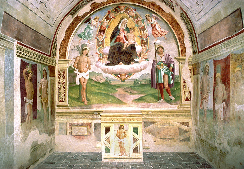 Renaissance fresco with the Madonna enthroned among angels, Saint Sebastian and Saint Roch, with additional saints depicted on the side walls