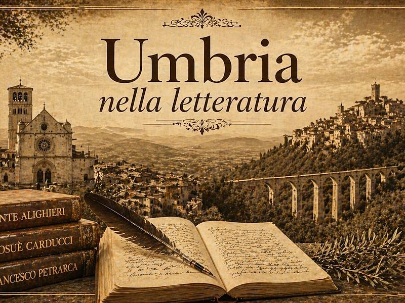 Banner con la scritta “Umbria nella letteratura”, con un paesaggio umbro, una basilica, un borgo e un ponte, libri antichi e un quaderno con penna